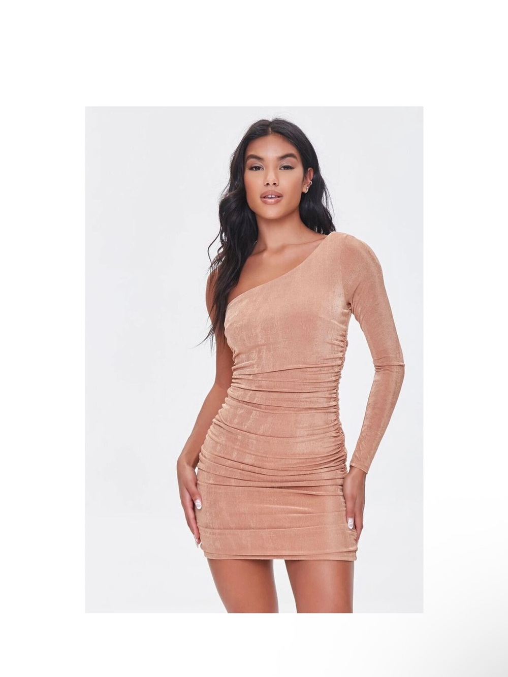 Forever 21 One-Shoulder Ruched Mini Dress in Tan